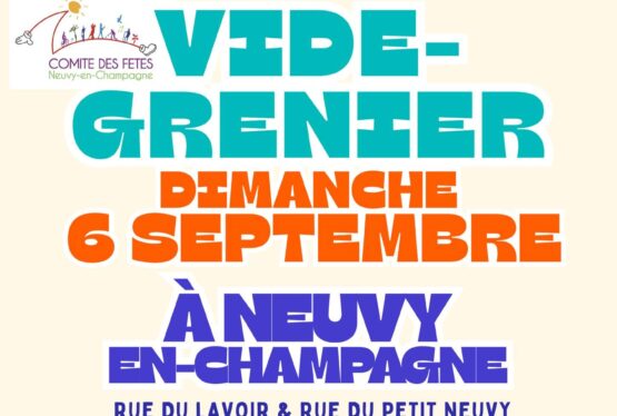 Le Comité des fêtes de Neuvy-en-Champagne vous donne rendez-vous le dimanche 6 septembre 2026, de 7h à 17h, dans le bourg de Neuvy-en-Champagne, rue du Petit Neuvy, pour son traditionnel vide-grenier. Cette année, le vide-grenier s’installe exceptionnellement dans le bourg de Neuvy, afin de proposer à nouveau cet événement aux habitants après plusieurs années sans [&hellip;]